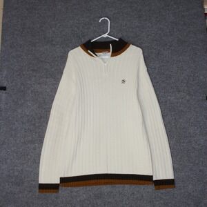 Vintage Old Skool Sweater Mens L Cream Brown Quarter Zip Ribbed Knit Urban Wear